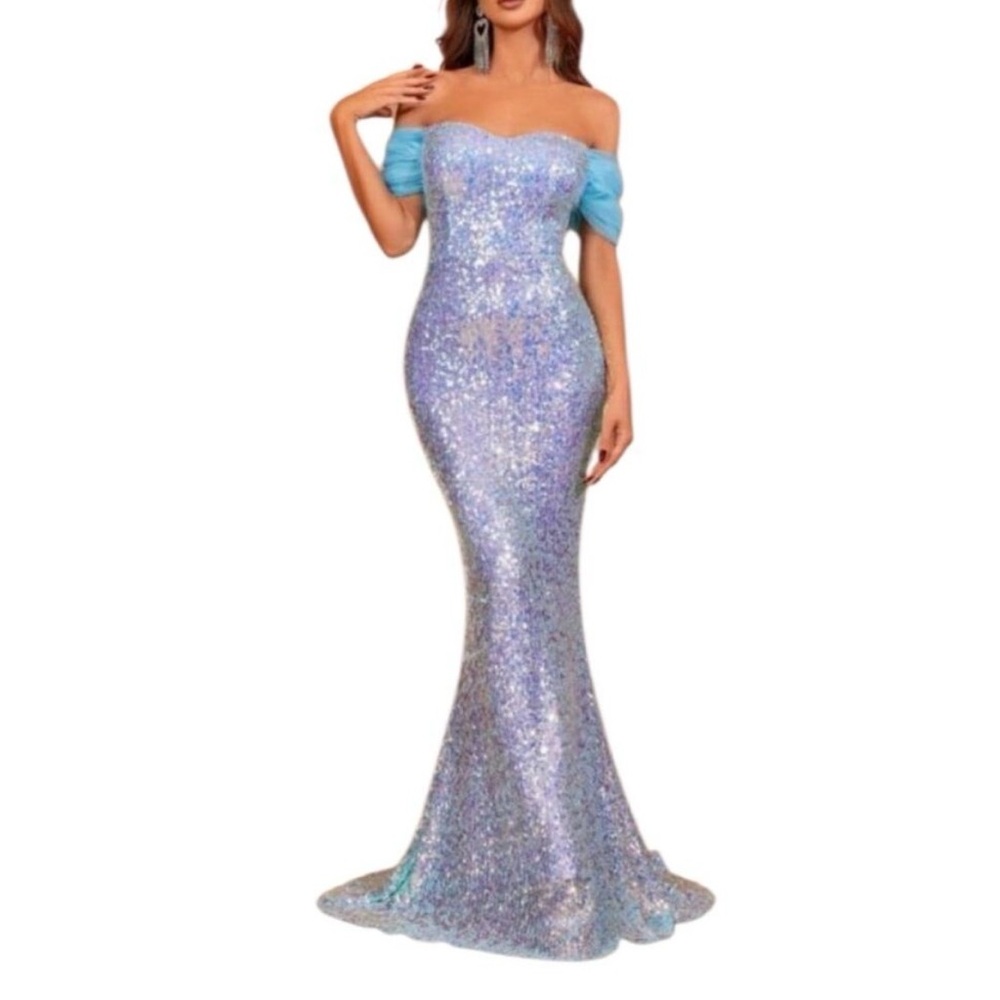Faeriesty Formal Sequin Evening Gown XS Blue Off Shoulder Mermaid Party Dress